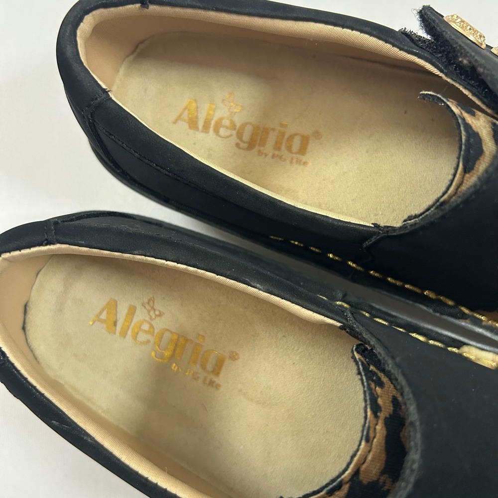 Alegria Loafers Womens 37 / 7 Black Sarah Leopard Animal Print Leather Hook Loop - Picture 5 of 11